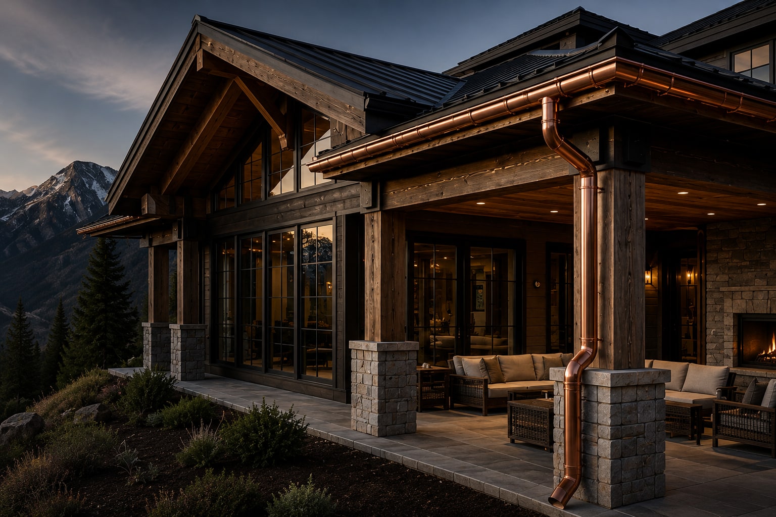 Luxury mountain home exterior at dusk — architectural gutters, fascia, stone, and covered patio (no people).